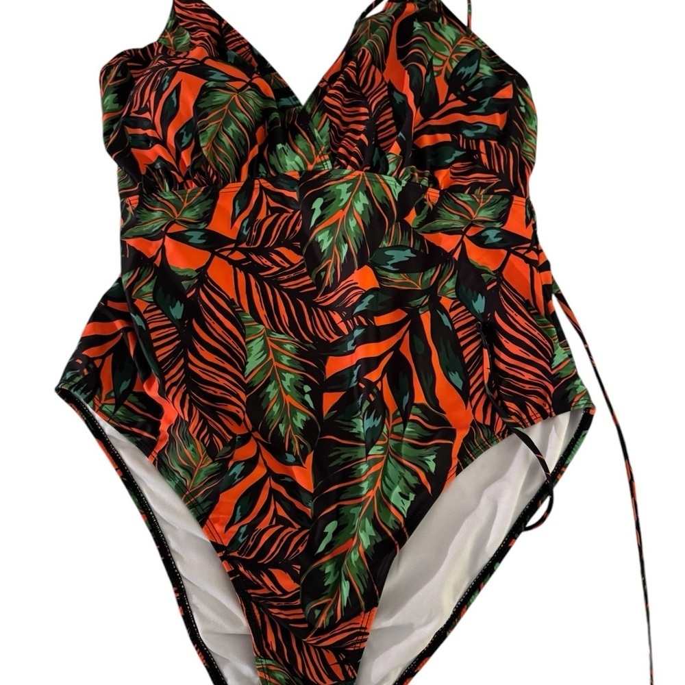 Vibrant Orange and Green One Piece Swimsuit with Plunging V-Neck